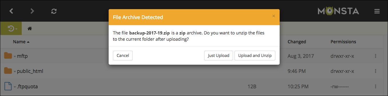 Monsta FTP Zip upload prompt
